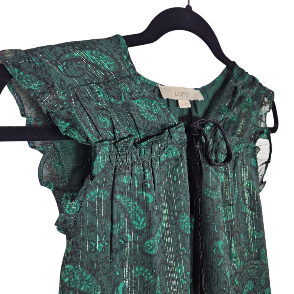 Loft Sheer Green Black Shimmer Velvet Tie Neck Ruffle Sleeveless‎ Blouse Top L - Picture 6 of 15